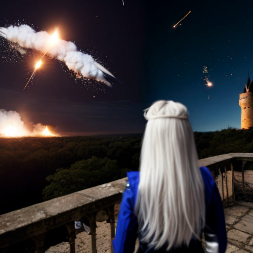young white-haired woman in armor watches as meteorites fall on her castle