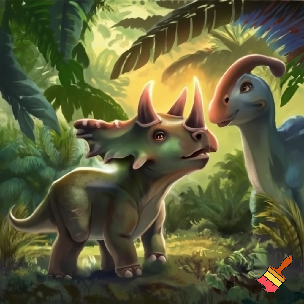 Draw a baby triceratops in the wild with a glowing nose horn and another dinosaur looking at him curiously 