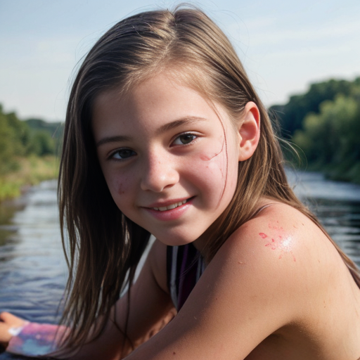 cute teen girl, skin at river, camelt, watercolor painting, seethrou, layin, opening, pim, show