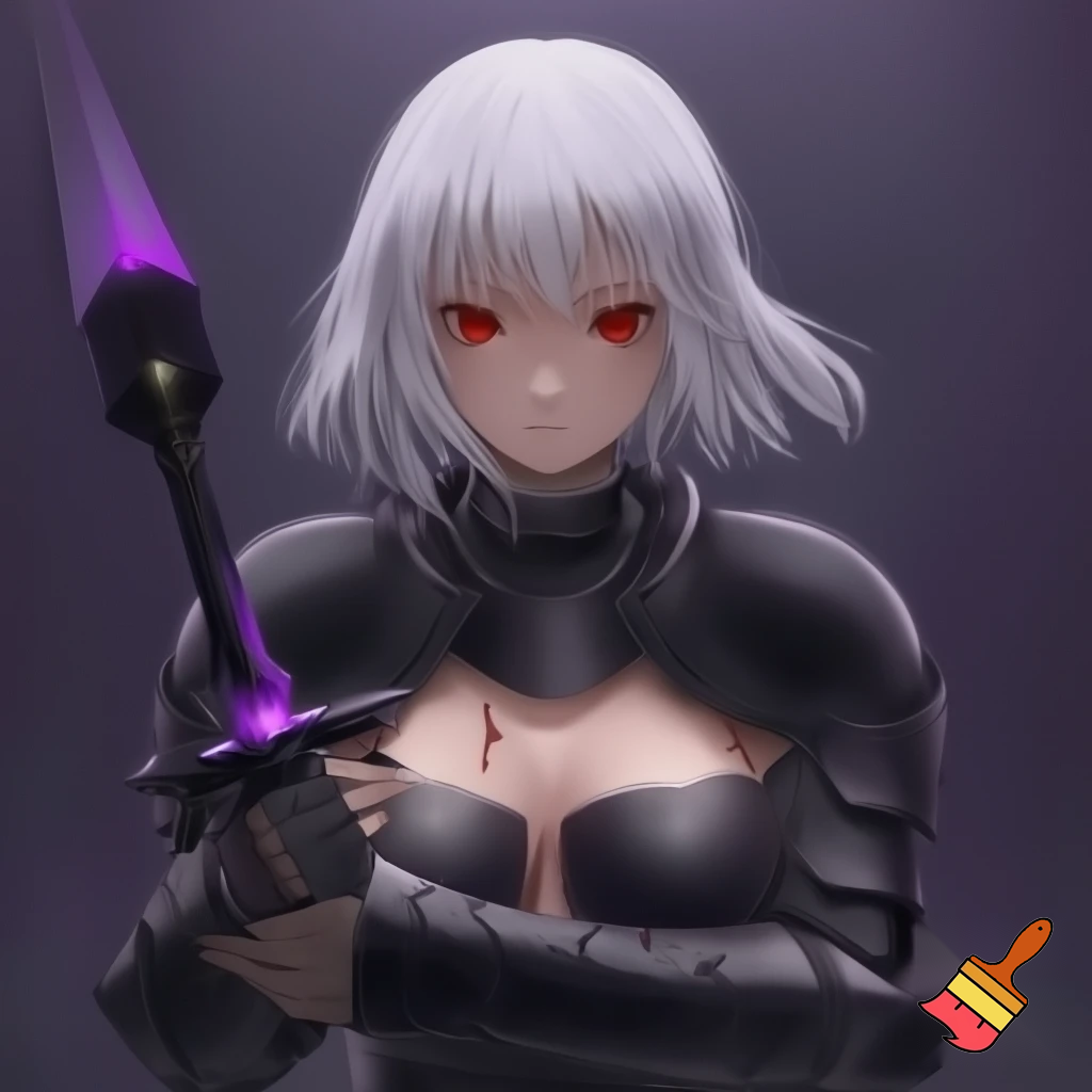 anime girl. red eyes. star in eye. white hair. short hair. serious face. big breast. her role is a warrior. her armor should be designed feminine. some parts should be naked. black armor. claymore in her both hands. claymore is black with purple light. her stance is serious. an scar on her breast. her breast is almost naked.