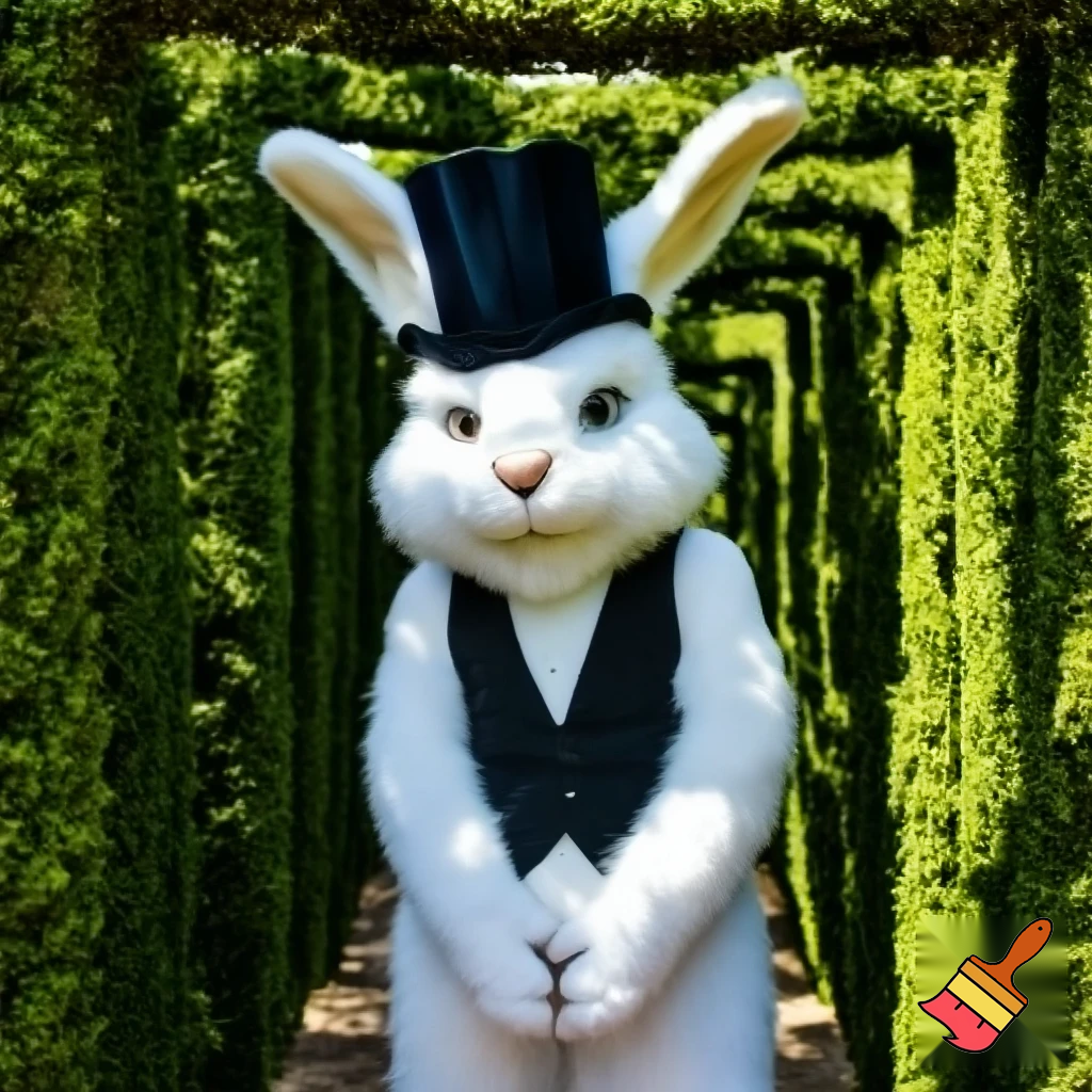 Easter bunny mascot with the top hat costume Easter bunnies maze house