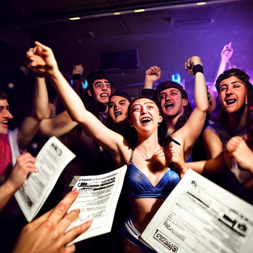 the graduate party with a big group of college students mingles in a group of robots with "AI' name on the body. all of them dance together in the party, cheerfully. under the lights of party with old exam papers everywhere