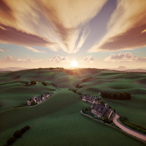 liminal space, dreamcore Whimsical, dreamlike aerial view of rolling green hills dotted with small houses, dramatic cumulus clouds illuminated by golden hour sunlight, Studio Ghibli inspired, painterly, soft focus, vibrant emerald greens and pastel sunset hues, serene atmosphere, cinematic wide shot, high detail, octane render --ar 9:16 --v 6 --style raw