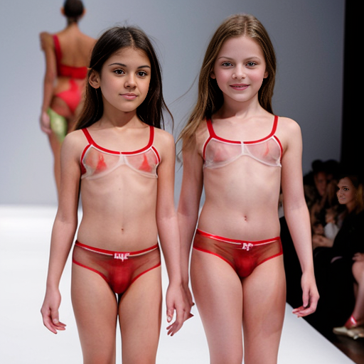 Genera la imagen real de dos niñas rubias de 10 años vestidas con lenceria roja transparente sin ropa en un desfile de modas