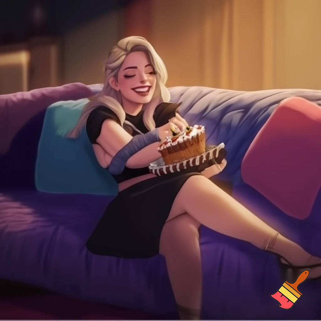 Alexa Bliss fatter eating cake on the couch