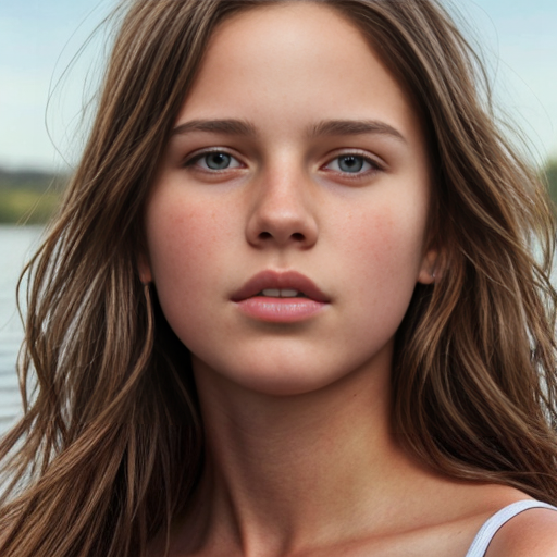 13 Year Old Floating Female Head Brown Hair Down. No Neck, No Body Visible.