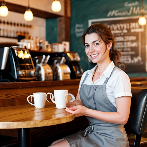 A small roadside diner. A beautiful waitress leans over to pour coffee into a customer's cup at a table. The waitress smiles. Photorealistic. 9x16
