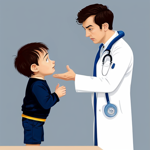 cartoon baby boy not smiling being checked on by the doctor

