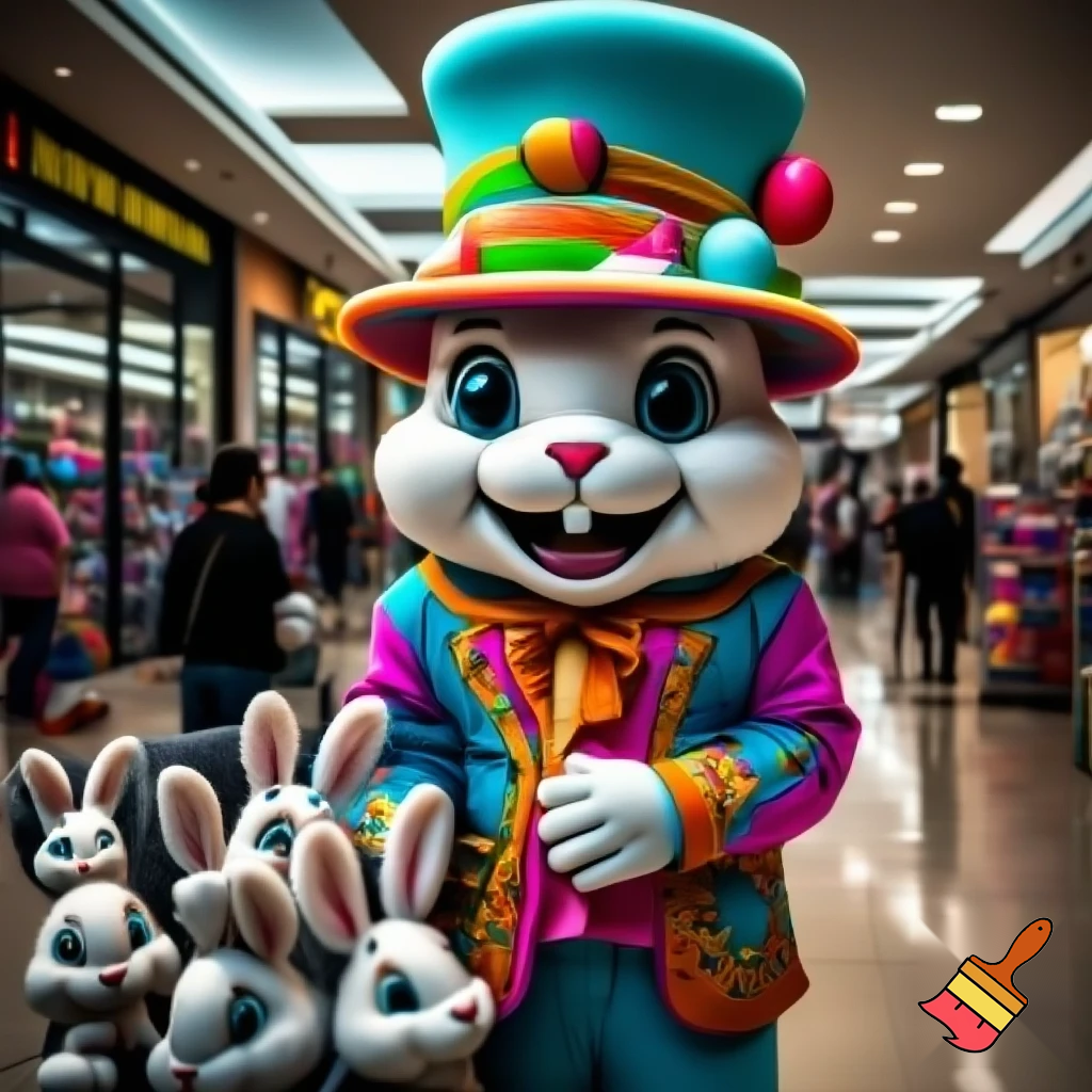 Easter bunny mascot costume top hat shopping Centre colourful jacket  colourful top hat Easter bunnies chair in the shopping centre