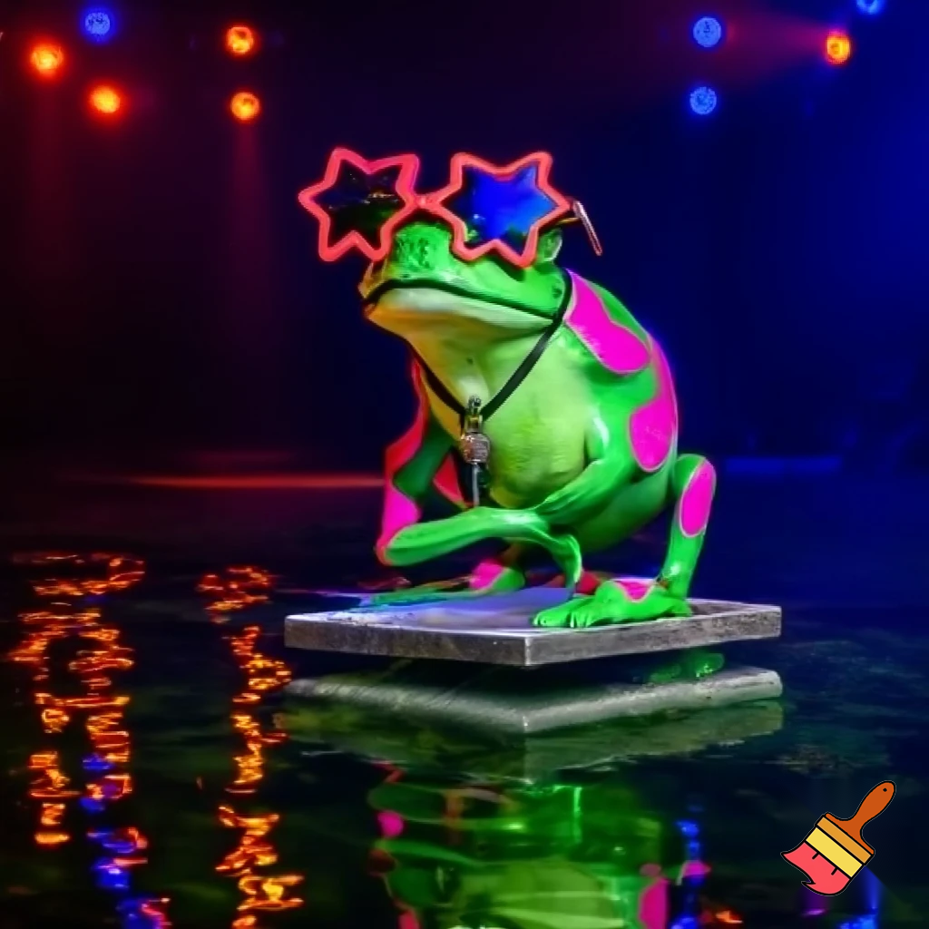 “Rana pop llamada CroakPop, de piel verde esmeralda con manchas rosadas brillantes. Usa gafas enormes en forma de estrella y un micrófono diminuto como collar. Se encuentra en un pequeño escenario improvisado sobre un charco iluminado por luces de colores. Pose estilizada de estrella del pop, ambiente divertido y vibrante, estilo caricatura detallada.”
