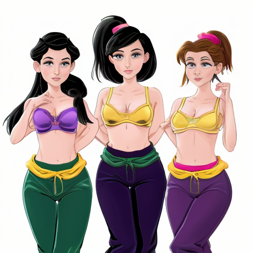 90's disney's 2d aladdin style comic black background and panels of Panel 1 then a fleet of the black haired ponytail women with blue skin,blue harem pants red bra and red sash and red curved slippers are marching around the bed. 
Panel 2 sitting on the bed is a curvy figure black haired ponytail woman with yellow skin,yellow harem pants purple bra and purple sash and purple curved slippers of who is shocked to see the marching black haired ponytail women with green skin,green harem pants pink bra and pink sash and pink curved slippers 
panel 3 then the black haired ponytail curvy figure woman with yellow skin,yellow harem pants purple bra and purple sash and purple curved slippers and hides under her covers. 
Panel 4 And before the bed and the black haired ponytail curvy figure woman with green skin,green harem pants pink bra and pink sash and pink curl toe slippers spiral off and disappear into the distance.