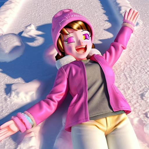 Create a fluttershy equestria girls as 3d cgi animated wearing pink beanie cap, pink coat, pink mittens, pink pants and pink boots in on back - lying down snow and making a snow angel in eyes closed and laughing 
