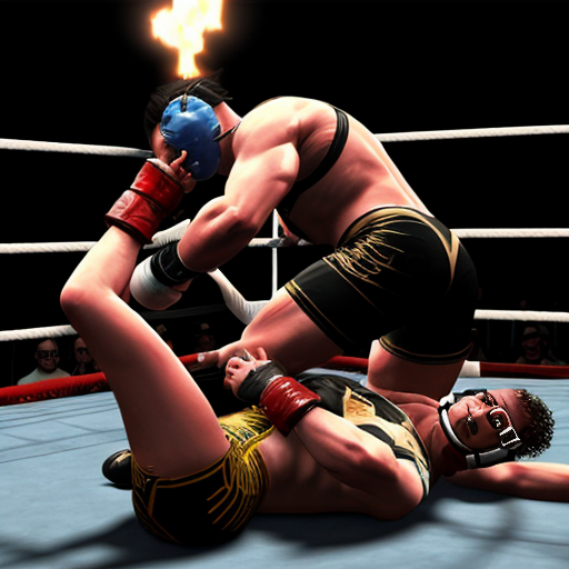 Generate an image of a curvy Queen Marika (from elden ring) getting defeated in a wrestling fight by king from the tekken serie