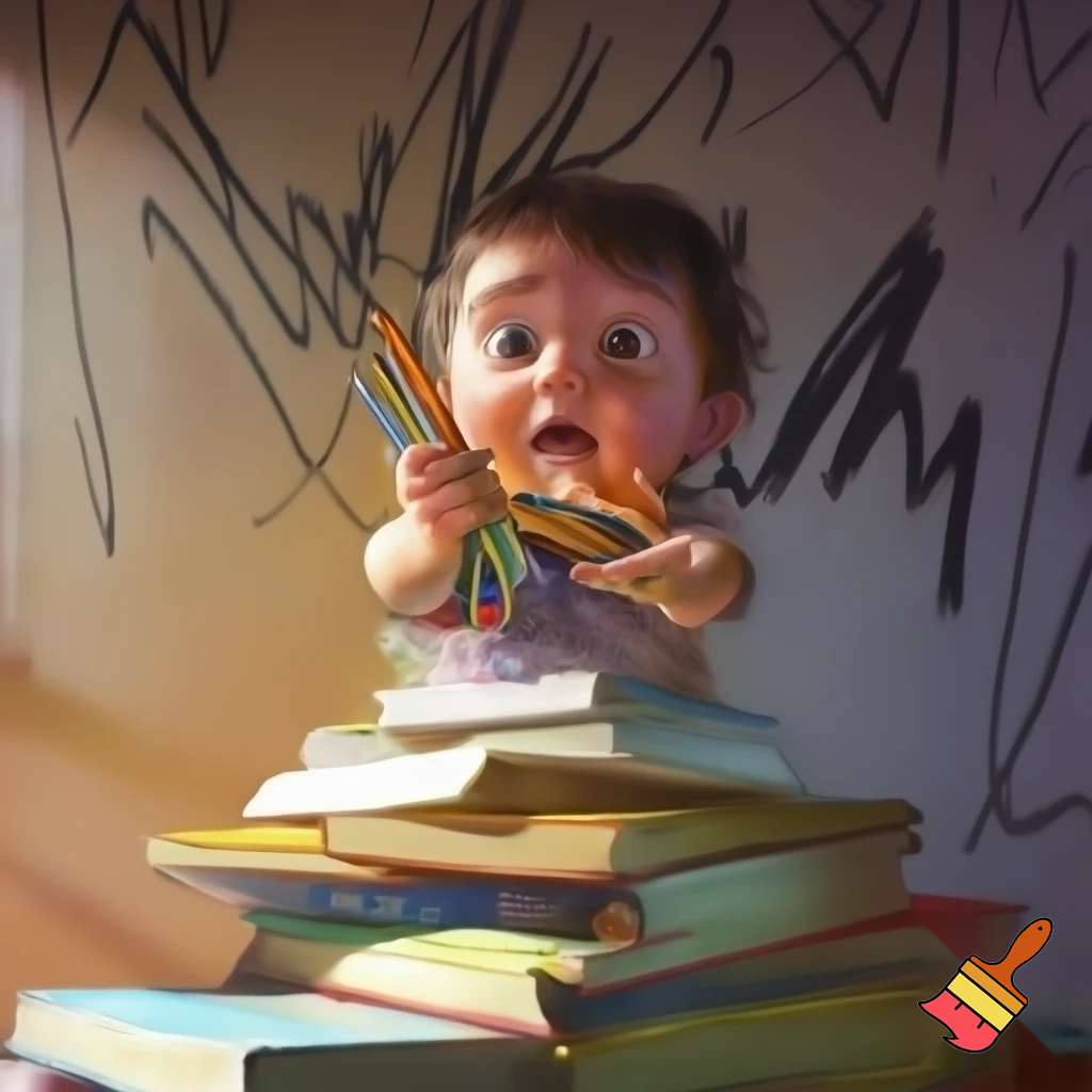 A child standing on a pile of books, holding coloring pencils in his hand, as he was drawing on the wall. Fear and astonishment are visible on his face, as if he has just seen someone about to scold him. The scene is detailed and realistic, with soft natural lighting, cinematic depth, and expressive emotions. Ultra-realistic, 4k, cinematic realism.