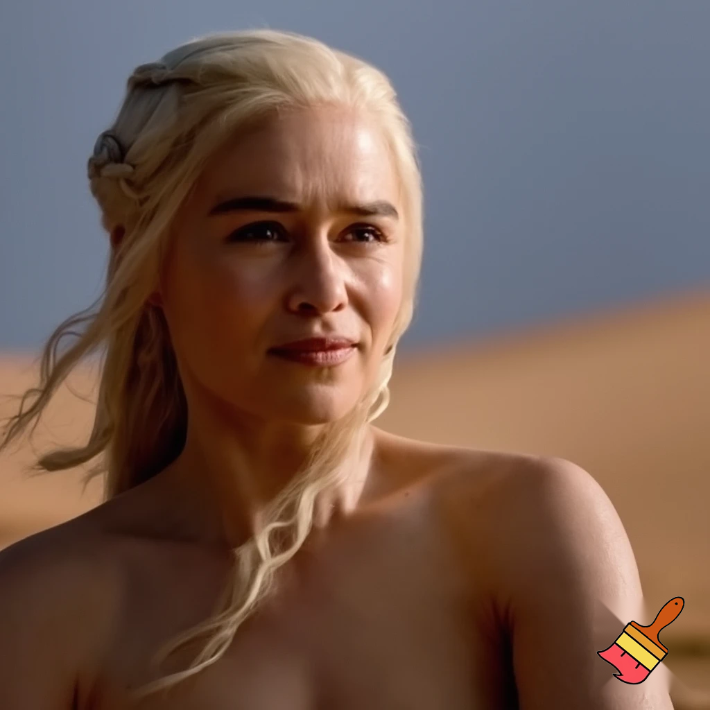 Daenerys Targaryen and Cersei Lannister fighting in the desert , Cersei Lannister is under Daenerys and losing. Both are naked and all sweaty 
