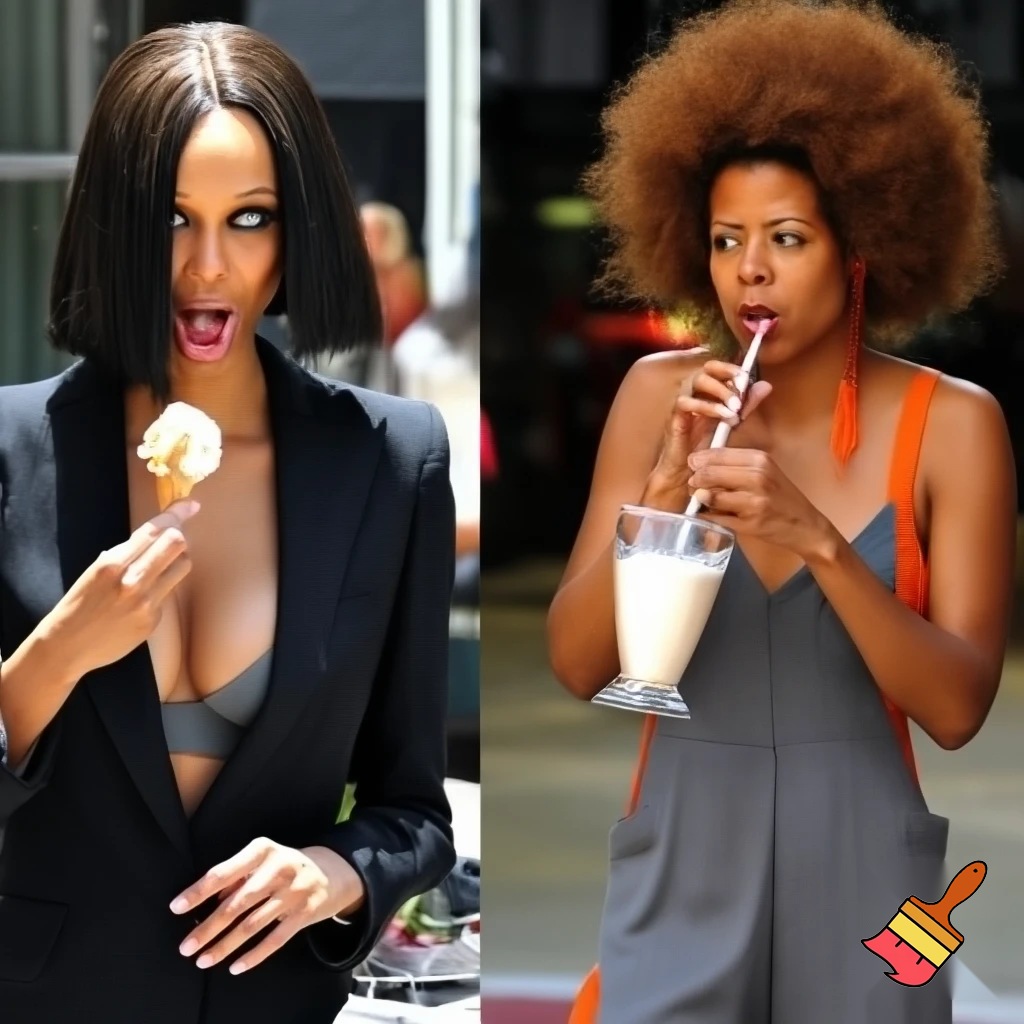 Tyra Banks and Kelis filming a commercial on the image Tyra Banks has a black sleek middle part bob hair wearing a black suit and a grey bra eating ice cream and Kelis has a brown voluminous curly brown hair Afro wearing a grey jumpsuit and a orange camisole drinking milkshake 