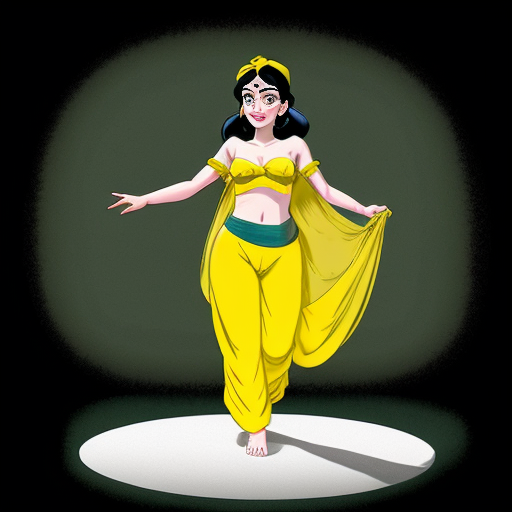 90's disney's 2d aladdin style comic black background and panels of panel 1 tiana with dark green harem pants and bra and curved slippers with both hand palms place together and hiding the bottom of her mouth with a dark green veil wrapped around her arms and attached to her head. 
panel 2 she danced with dark green harem pants barefoot with dark green bra and dark green curved slippers dark green veil wrapped around her arms and shoulders and raising legs and bounced up and down her belly and shook her hips left and right. 
panel 3 as tiana with dark green harem pants and bra and dark green curved slippers and spreading her arms, happily revealing her face to the viewer and giving a smile as she turns around shook her butt left and right. 
Panel 4 as tiana  with dark green harem pants and bra and dark green curved slippers started to fading away , except her belly, which is bouncing around. 
Panel 5 then the ball transforms into the fading in belly of snow white  with yellow harem pants and yellow bra and yellow curved slippers and a yellow veil wrapped around her arms and shoulders with her swaying her hips. 
Panel 6 snow white  with yellow harem pants, yellow bra, yellow curved slippers and yellow veil wrapped around her arms and shoulders gives a smile and winking her left eye 