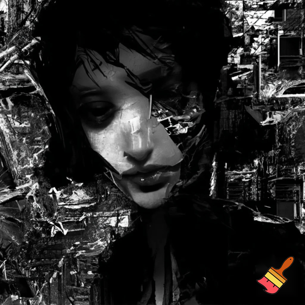 Bio-mechanical girl portrait, noise art. In the style of a 1920's German Expressionism. Black & white.