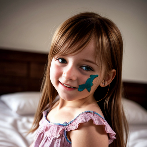 finnish little girl at night dress, very beautiful and eager, long auburn hair, on the bedroom, close up
