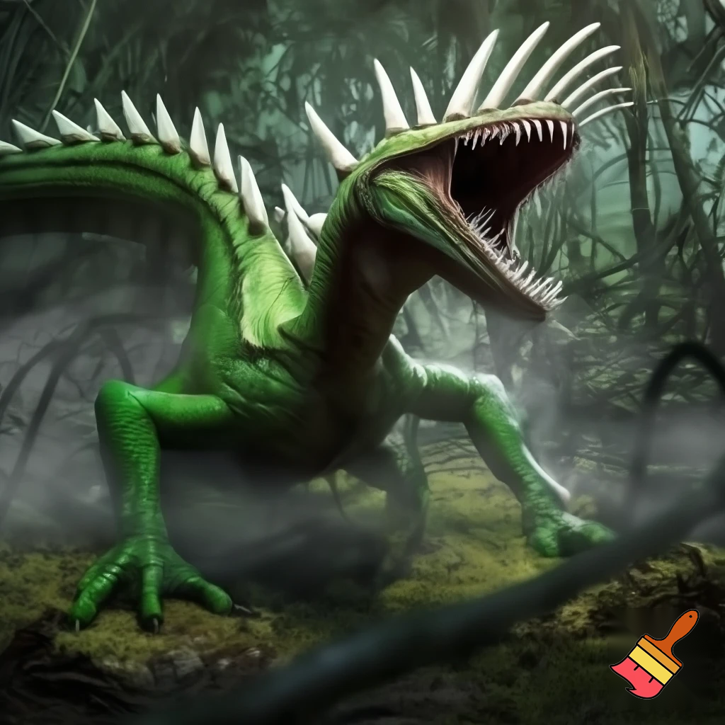 a animal that has green skin and has no eyes
and has a tail with spike on the tail and body and looks like a fly trap and 
lives in the rainforest has a big mouth and has shark teeth and has legs
and with no eyes and walks on all four legs the spikes are white with no eye






