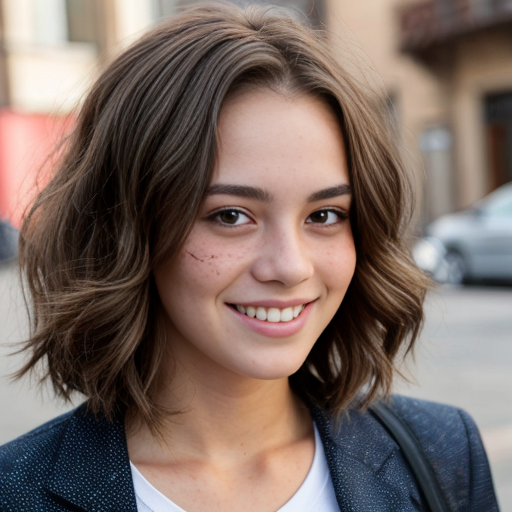 A young, light-skinned woman is positioned in the center of the frame, smiling broadly with her head tilted slightly. She appears to be in her early twenties. Her short, choppy hair is red-brown color. She's wearing a light olive blazer over a white t-shirt. The woman has a slender build.
er skin is heavily speckled with numerous, small freckles, a prominent feature that covers her face, including the forehead, cheeks, nose, and chin. The environment has a casual, bright feel. The perspective is at eye-level. The composition is well-balanced, emphasizing the subject's cheerful expression. The lighting is soft, highlighting the colors of her clothing and hair. The style is contemporary and youthful.