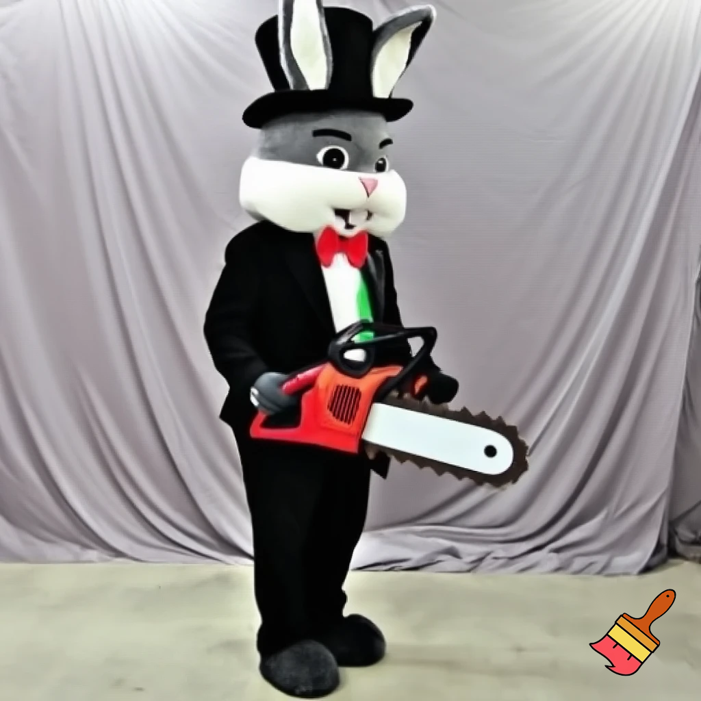 Easter bunny mascot top hat costume with a chainsaw mascot
