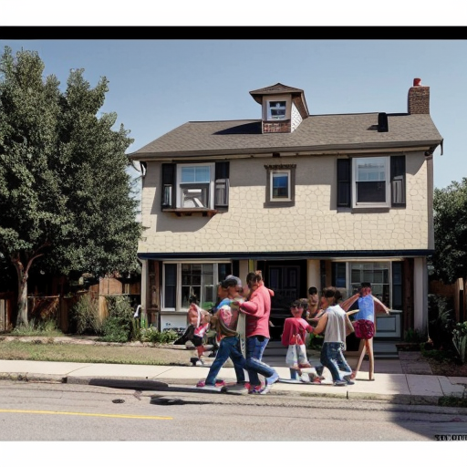 Make a happy neighborhood full of houses and happy people walking to the sidewalks many are invited to others party in their house a bright sunlight a happy place where everyone wants to live everyone is happy in their neighborhood a lot of kids forming up and playing together in their houses a lot of friends hangout together in their house in the neighborhood a lot of friends hangout together in their house in the neighborhood a lot of people crowded in the neighborhood everyone happy laughing fun happening in all one emotion in all of the crowded people in the neighborhood