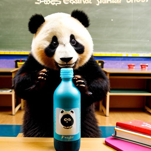 a panda teacher piking up a poshen bottle