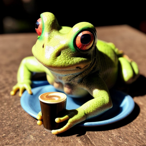 A hillarious, funny boho toad with some hippie colored coffee cups. Psychedelic decorated background, hyperrealistic. Close-up view.