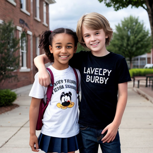 A bright, colorful children’s book cover in the style of a Disney cartoon. In the center, a smiling girl stands in front of a cheerful elementary school building, next to her younger brother who has Down syndrome and autism.

The girl has light skin and big expressive eyes. She has blonde hair in a high ponytail with a cute hair tie. She is wearing a light pink skirt and a white ruffled shirt, with a colorful backpack on her shoulders.

Her brother has light skin, short fluffy hair, and gentle, happy eyes. Show his features clearly so it’s clear he has Down syndrome, but in a kind and respectful way. He is wearing a dark blue shirt, black shorts, and a backpack. He is smiling and standing close to his sister, maybe holding her hand or standing shoulder to shoulder, to show their strong, loving bond.

Behind them is a warm, welcoming school building with big windows, a front door, and the school name on a sign or banner. Add trees, flowers, and a sunny blue sky with soft clouds to make the scene bright and happy, like a Disney movie background.

At the top of the cover, in large, playful, Disney-like letters, write the title: “Posey’s Story”.
Leave space at the bottom for the author’s name.

The overall style should be like a Disney animated film: soft shading, big friendly eyes, rounded shapes, and an emotional, heartwarming feeling that celebrates siblings, kindness, and inclusion. Make it more cartoon
