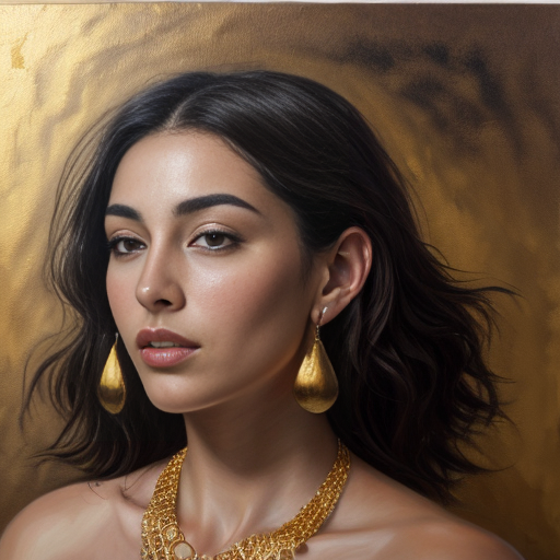 Ultra-realistic oil painting portrait of a confident young Black woman with voluminous curly dark hair accented with thick, textured gold paint strokes, wearing long gold drop earrings and an ornate multi-strand gold statement necklace with large circular pendants, dressed in a thin-strapped 
gold metallic satin-top. She has warm deep brown skin with smooth, blended oil paint brushstrokes defining her full lips, and sharp dark eyebrows, with direct eye contact toward the viewer. 
The background is a textured gold canvas with visible thick, expressive impasto brushstrokes in varying shades of warm gold and deep bronze. 
Medium close-up shot, eye-level camera angle, centered composition, soft directional side lighting creating warm specular highlights on her skin, jewelry, and hair, with soft, blended shadows that enhance the dimensionality of the paintwork. A rich, warm color palette of browns, warm gold, and amber characterizes this luxurious, high-quality artistic style in the spirit of Lee Bogle.
The pronounced impasto texture of the oil painting permeates the entire artwork. The atmosphere feels atmospheric, majestic, and elegant. High resolution, sharp detailed brushwork.  
