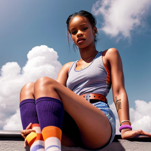 Rihanna orange tanktop belt blue short mini purple socks orange and white sneakers on a sitting cloud in the Sky 