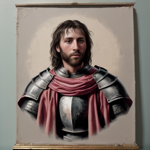 a weathered painting of a handsome knight, he is wearing a pink cloak with black spots