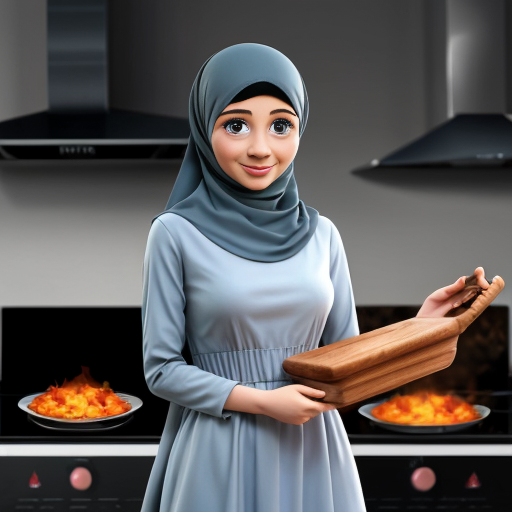 Pixar-style cartoon, Muslim woman 35-40, fully covered wide light blue dress, headscarf covering hair, modest, standing at stove cooking, gray background, no sexualized features, simple cartoon style