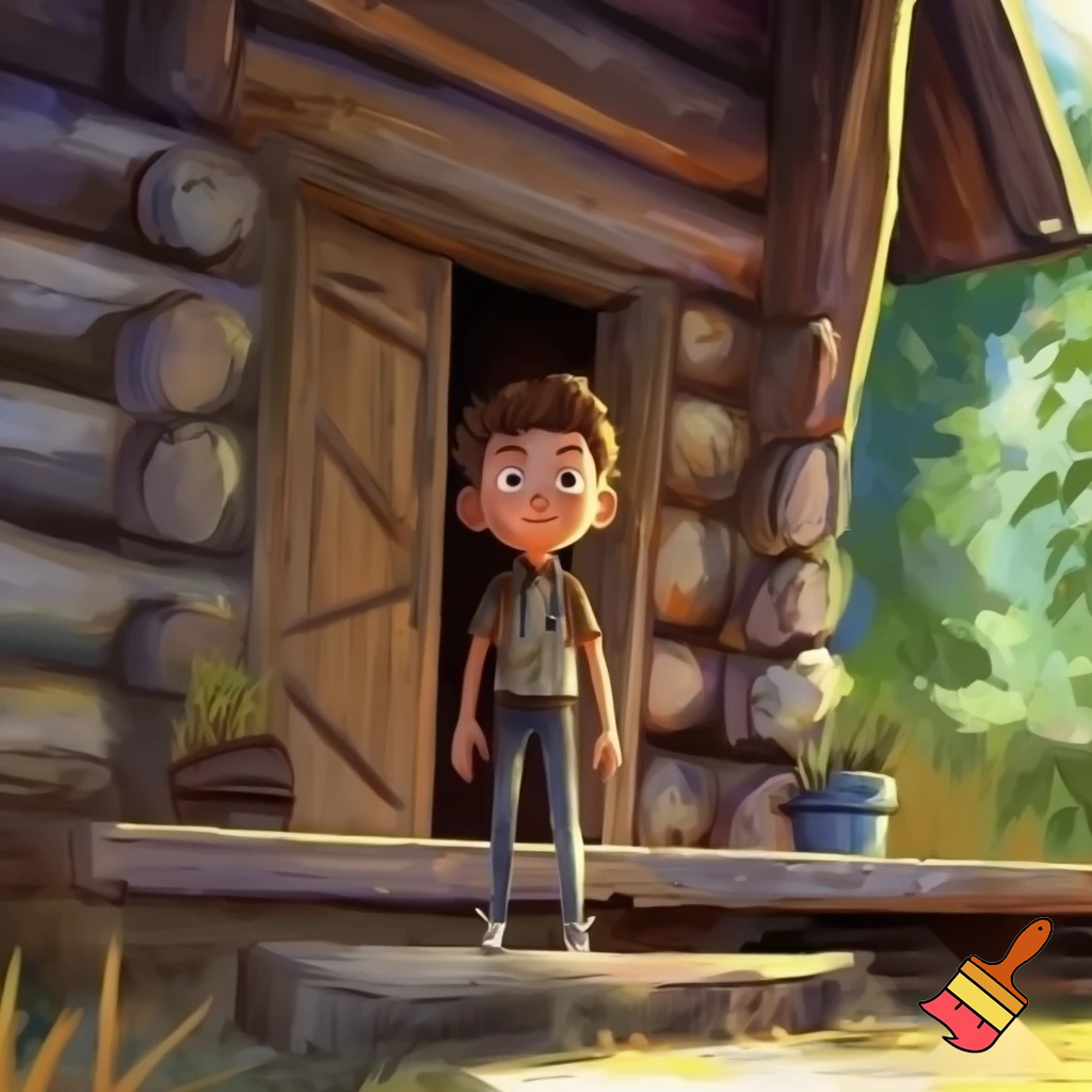 A kid that is in a front of a cabin and he is 11 years old 