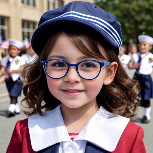 Cute adorable niña Chilindrina glasses con hair lazo curly con verano sailor uniforme escolar con zapatos negros escolar con calcetines blancos con sombrero sailor con grupal con caminar con desfile Estados Unidos América bandera con ciudad 41