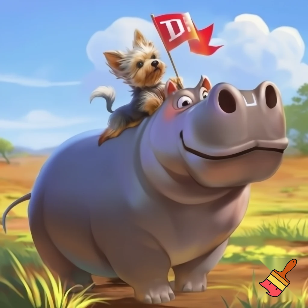 A tiny Yorkie waiving a flag with the letters DC riding a cute hippopotamus