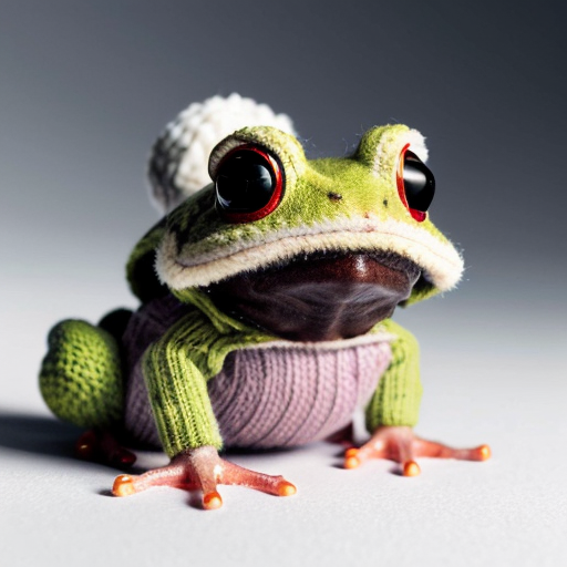 A laughable, puzzled animal toad in woolen, multicoloured winter clothings with woolen winter cap. Hyperrealistic art style.