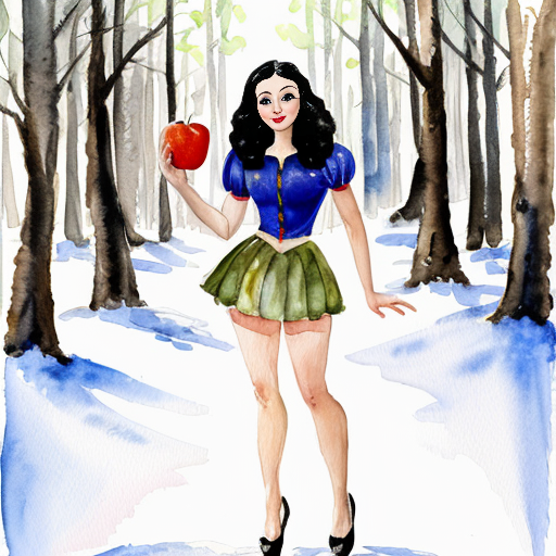 snow white standing in a forest holding an apple wearing her full costume with a short yellow miniskirt and re high heel shoes 