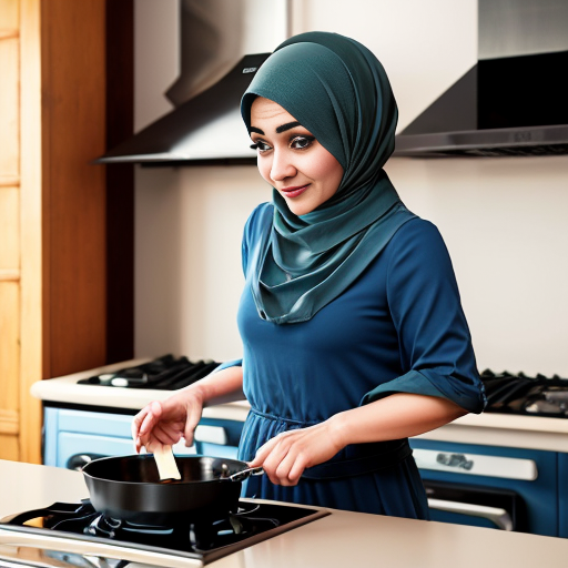 Мультяшный стиль Pixar, персонаж стоит у плиты, жест приготовления, мультяшные черты, большие выразительные глаза, мусульманская женщина 35-40 лет, полностью покрыта широким голубым платьем, платок закрывает все волосы, скромный вид, серый фон, постоянный персонаж, простой мультяшный стиль, кинематографическое освещение
