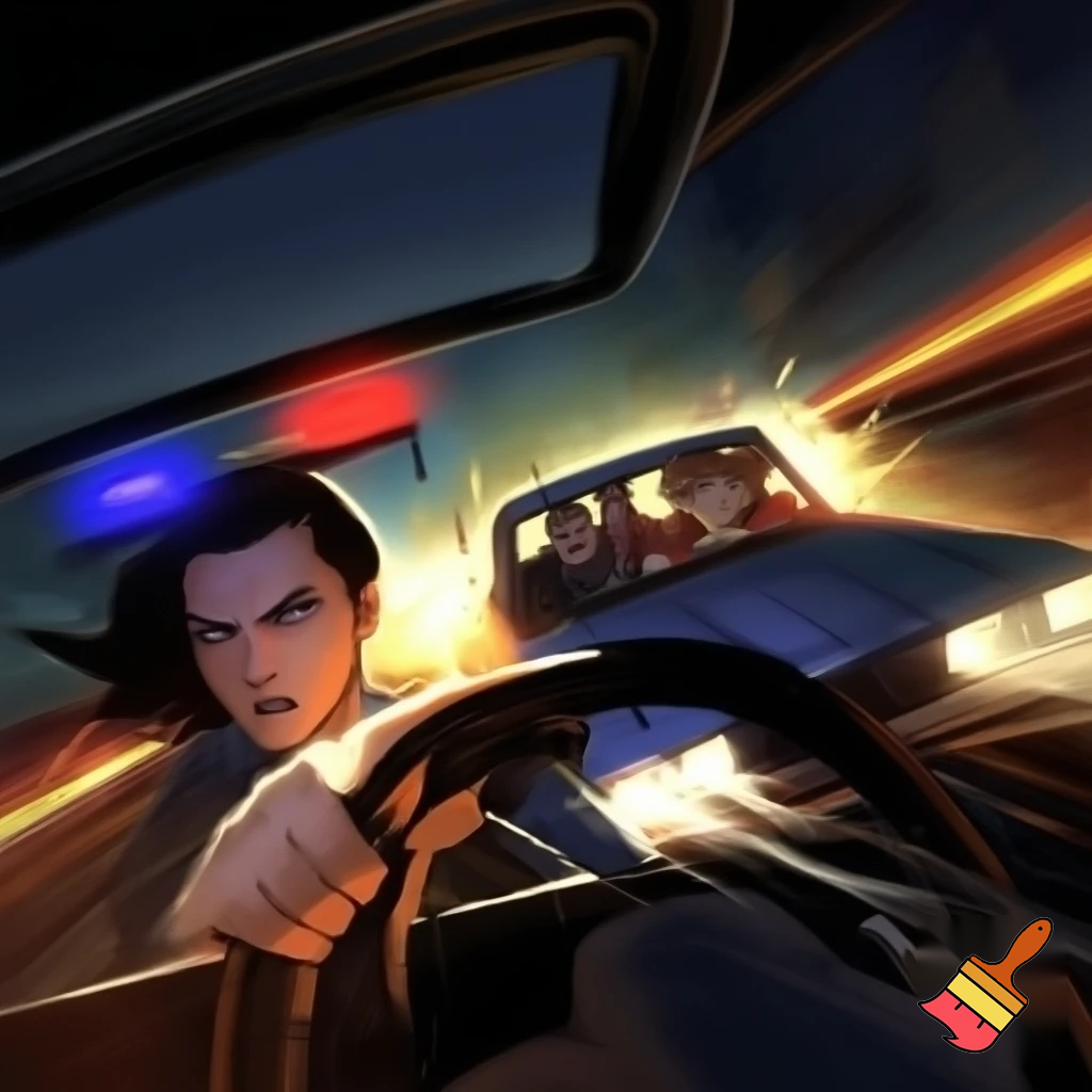 Female and male that are criminals in car running from police and two kids in the back.