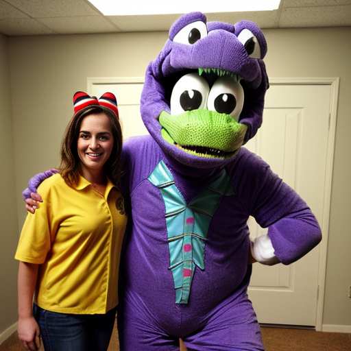 barney the a purple color an dinosaur an costume mascote