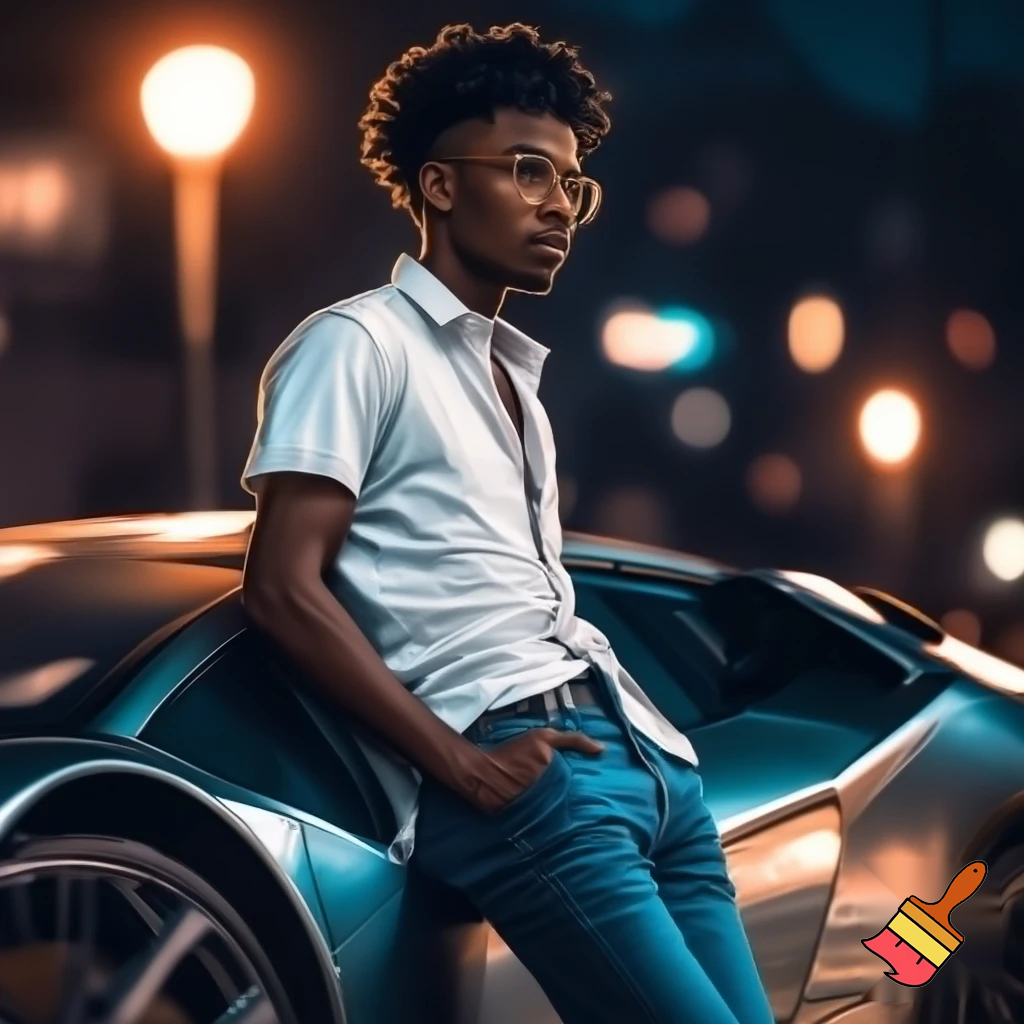 a guy with black short curly hair and with bleu geans on and a white bloes and bleu airmax shoes and he has golden glasses and he is sandingg and leaning ageinst a lamborgini and his hands in his pockets
