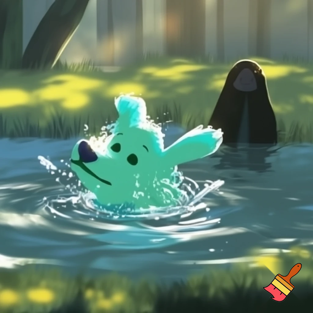 immagine di un perro de aqua in uno stagno con nil padrone che lo osserva da una sponda
