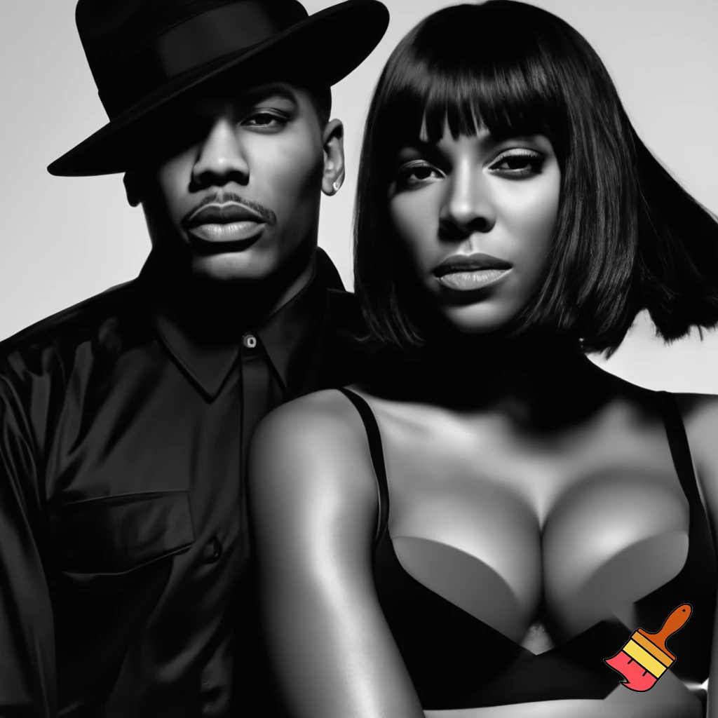 Black and white vogue photograph of Ashanti with a black sleek middle part bob hair wearing a grey and black bra and Nelly wearing a hat and button up shirt 