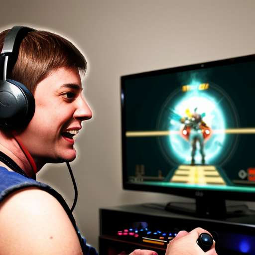Create an image about an adult playing video games nostalgic and happy at the same time.