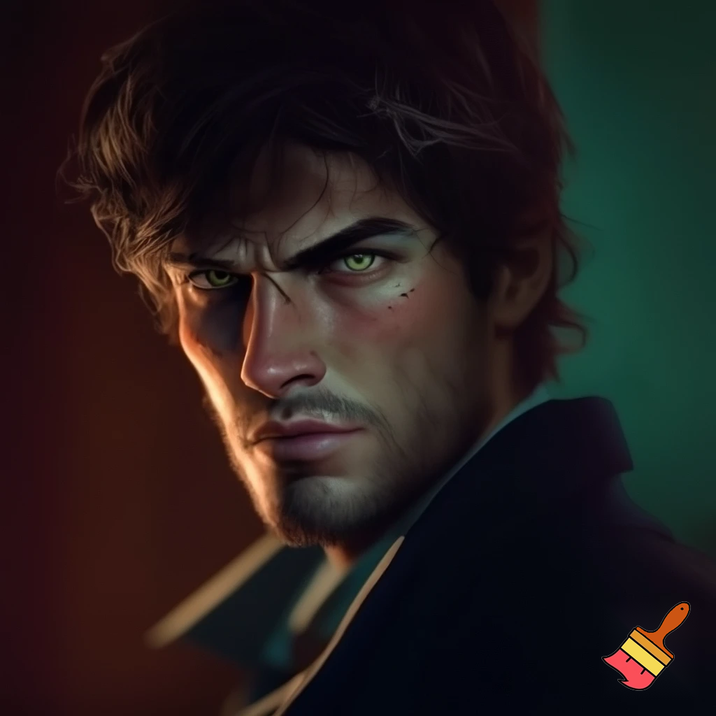 Portretul unui infractor malefic, brunet, cu mustață, cu ochi verzi, frumos, seducător, criminal, hoț, manipulator, care sfidează justiția.