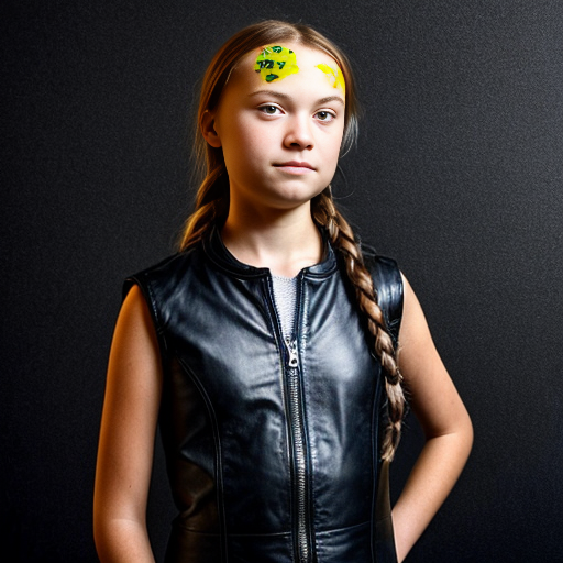 Greta Thunberg in leather dress fully visualized in image