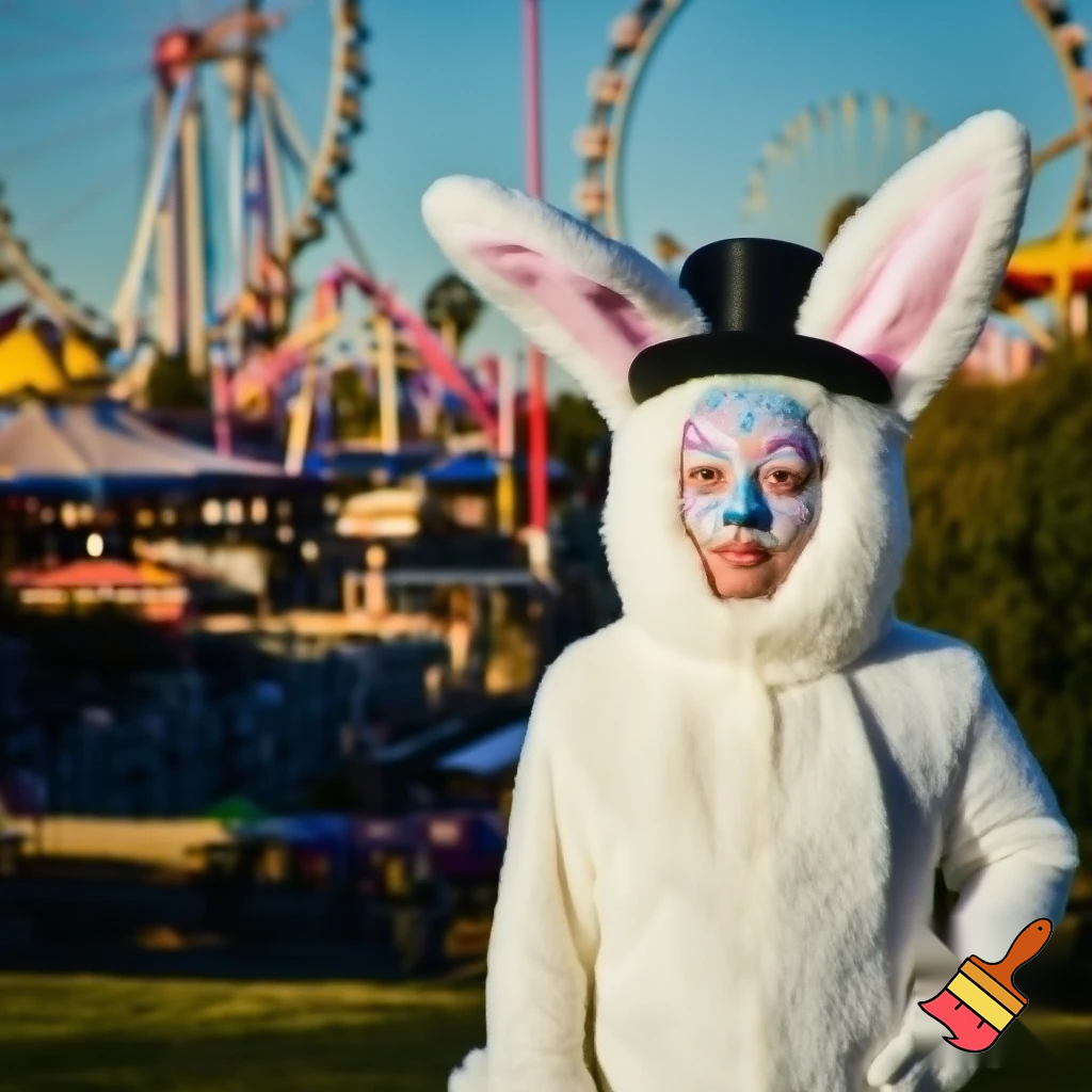 Easter bunny costume top hat person special in delicate face painting Luna Park Sydney