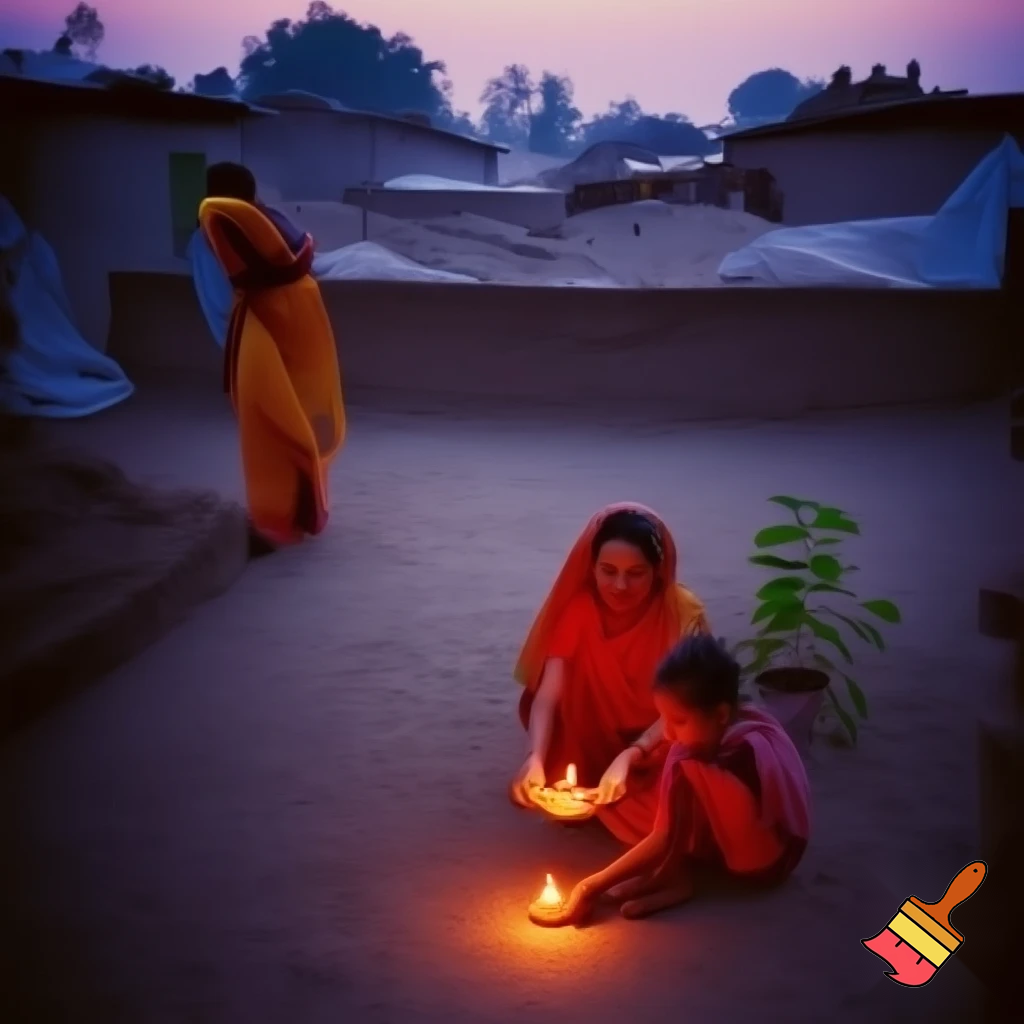 Early morning Indian village near Ganga river, small mud houses, tulsi plant in courtyard, women sweeping and lighting diya, soft sunrise light, peaceful spiritual aura, realism, cinematic tone.